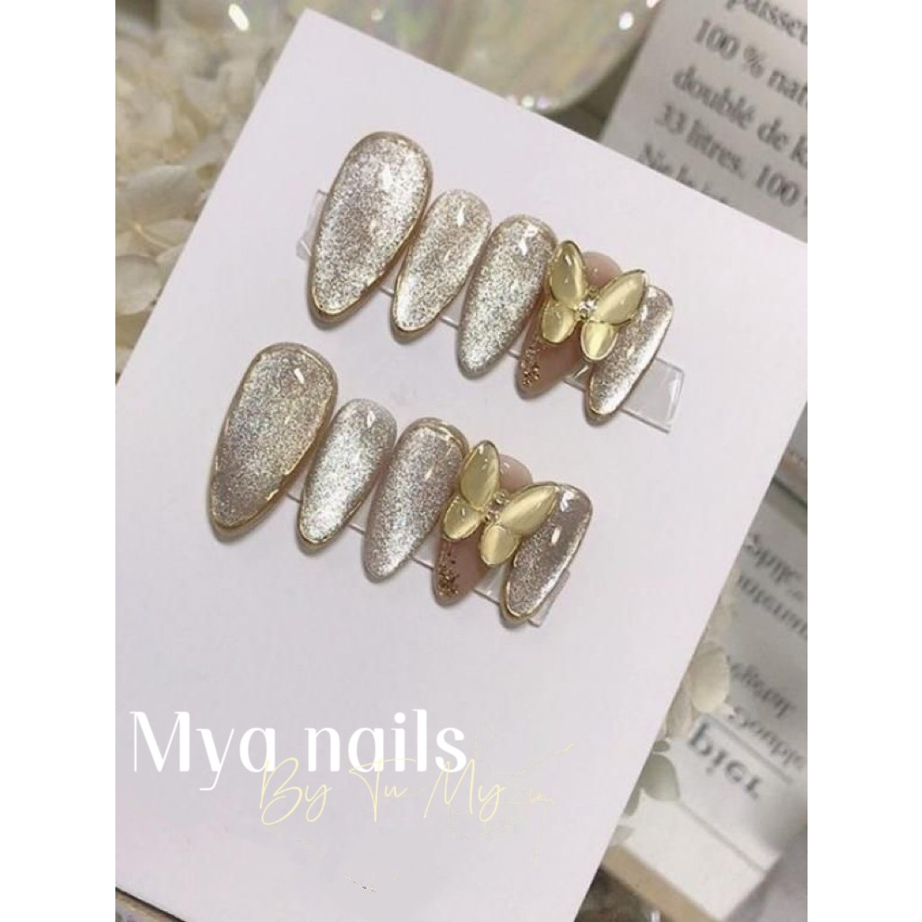 Nail box thiết kế - mẫu mắt mèo kim cương gắn charm - Nail Trung, Hàn, Nhật - Mã 003