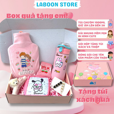 Bộ quà tặng túi chườm bụng đa năng Laboon chất liệu cao su PVC 1000ml, phiên bản gift box couple in love