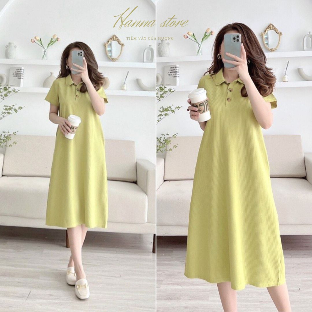Váy Thun Xuông Cổ Polo Đầm Suông Dáng Dài Qua Gối Freesize Vải Cotton Co Dãn Che Bầu Khuyết Điểm Tốt