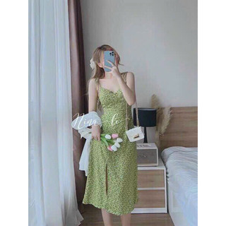 Set đầm hoa nhí màu xanh 2 dây phối áo khoắc ngoài chất len tăm cực nàng thơ