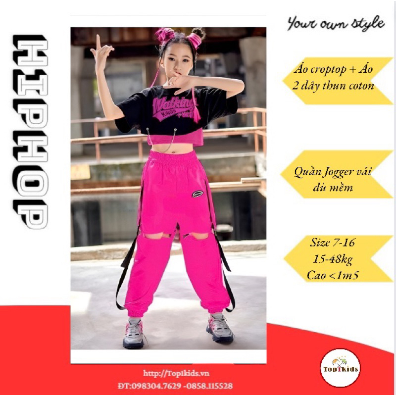 Bộ nhảy bé gái áo croptop phối móc khóa, thun cotton, quần jogger dù hở đùi cao cấp,Top1Kids_201732_sg2