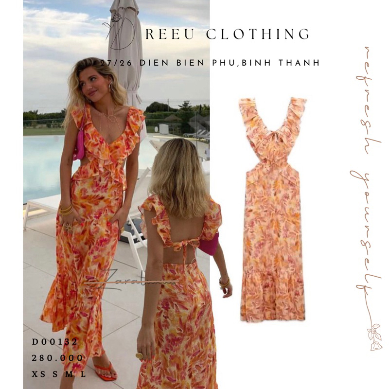 (pre-order, SẴN S) đầm cổ v màu cam hoạ tiết nổi bật hở lưng cut eo
