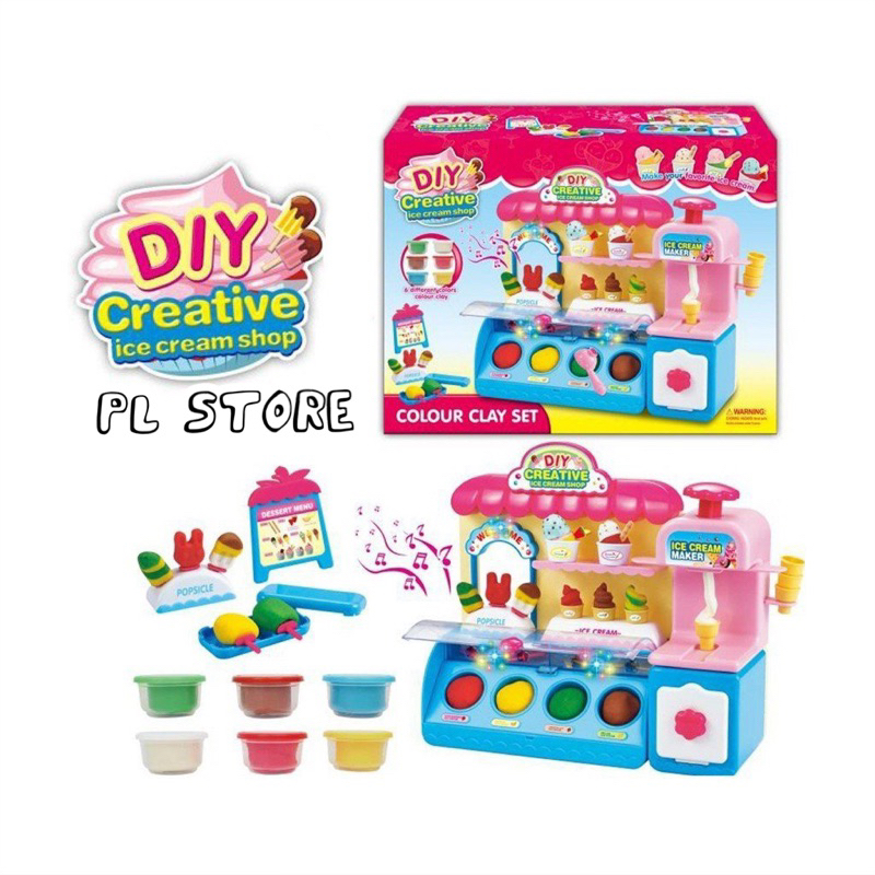 Đồ chơi máy bán kem có đèn với đất nặn nhiều màu kèm sẵn nhiều phụ kiện làm kem hình dáng dễ thương cho bé