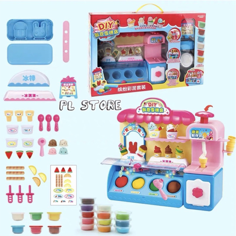 Đồ chơi máy bán kem có đèn với đất nặn nhiều màu kèm sẵn nhiều phụ kiện làm kem hình dáng dễ thương cho bé