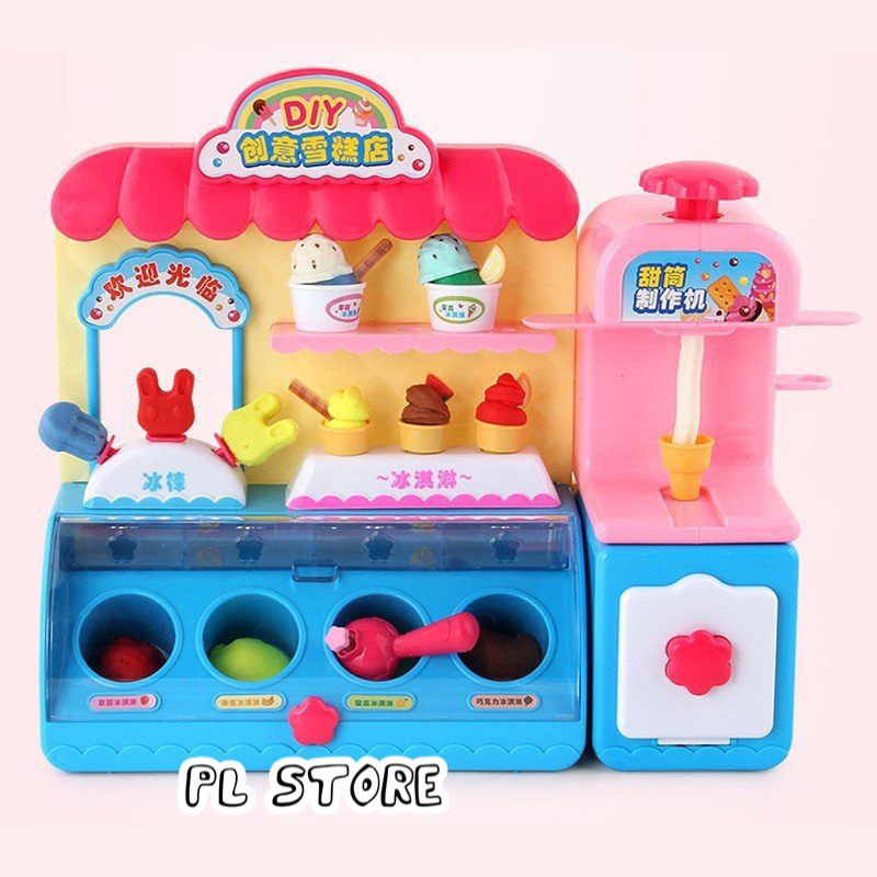 Đồ chơi máy bán kem có đèn với đất nặn nhiều màu kèm sẵn nhiều phụ kiện làm kem hình dáng dễ thương cho bé