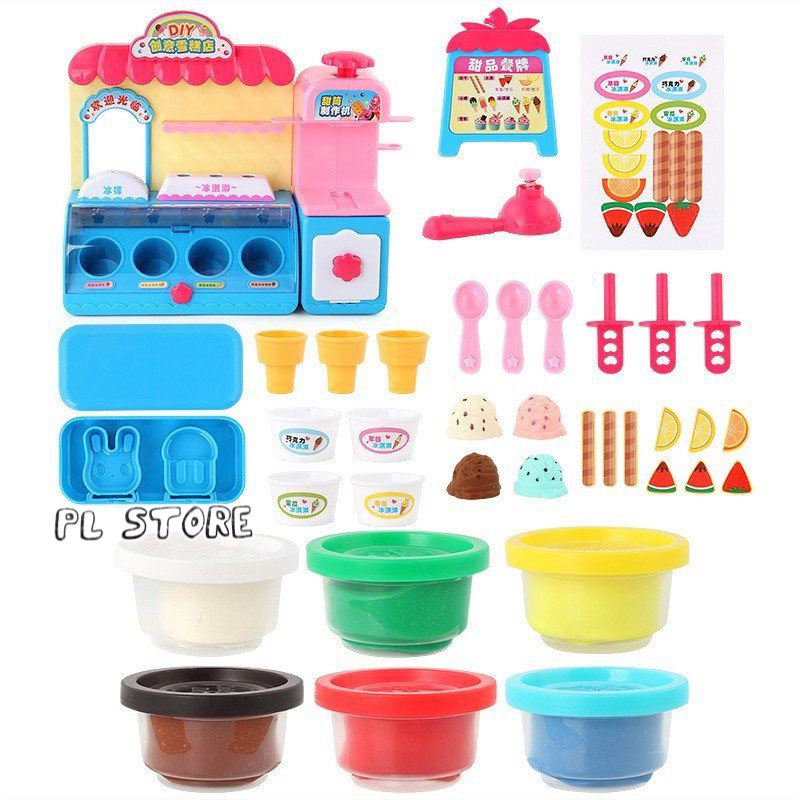 Đồ chơi máy bán kem có đèn với đất nặn nhiều màu kèm sẵn nhiều phụ kiện làm kem hình dáng dễ thương cho bé