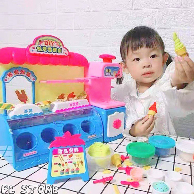 Đồ chơi máy bán kem có đèn với đất nặn nhiều màu kèm sẵn nhiều phụ kiện làm kem hình dáng dễ thương cho bé