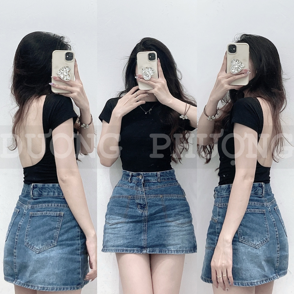 Áo thun croptop nữ tay ngắn hở lưng, áo thun nữ dáng ôm phong cách retro Âu Mỹ - AO031