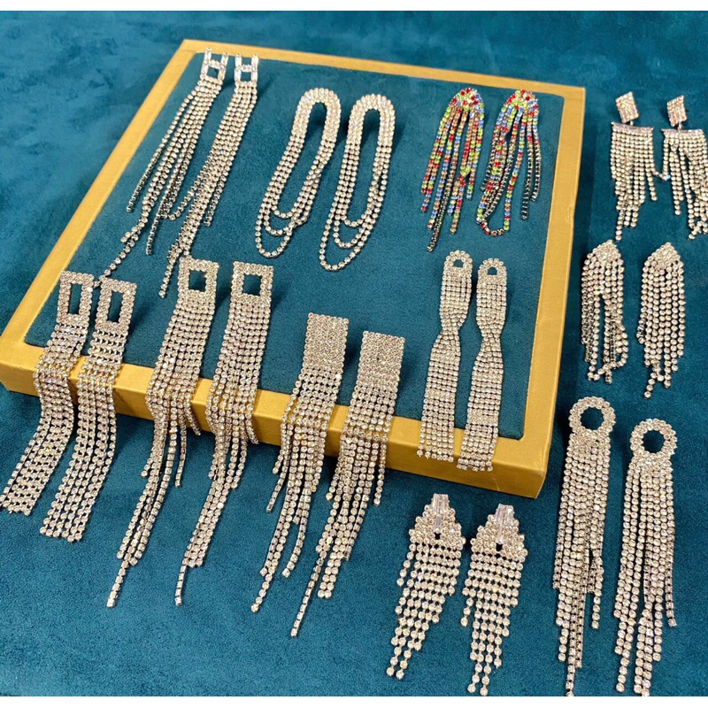 Hoa tai bạc dáng dài đính đá phong cách cá tính