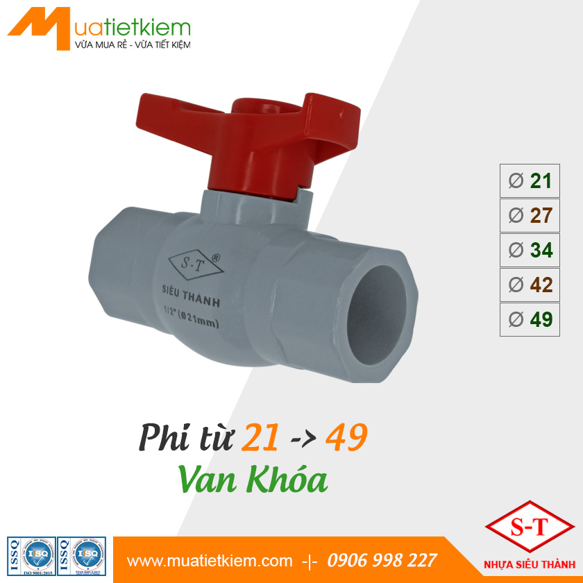 Van khóa PVC phi 21, 27, 34, 42, 49, phụ kiện ống nước