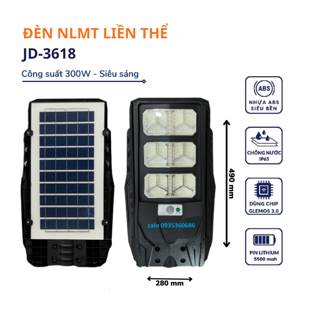 Đèn đường JD 3618 Công suất 300W Đèn đường năng lượng mặt trời