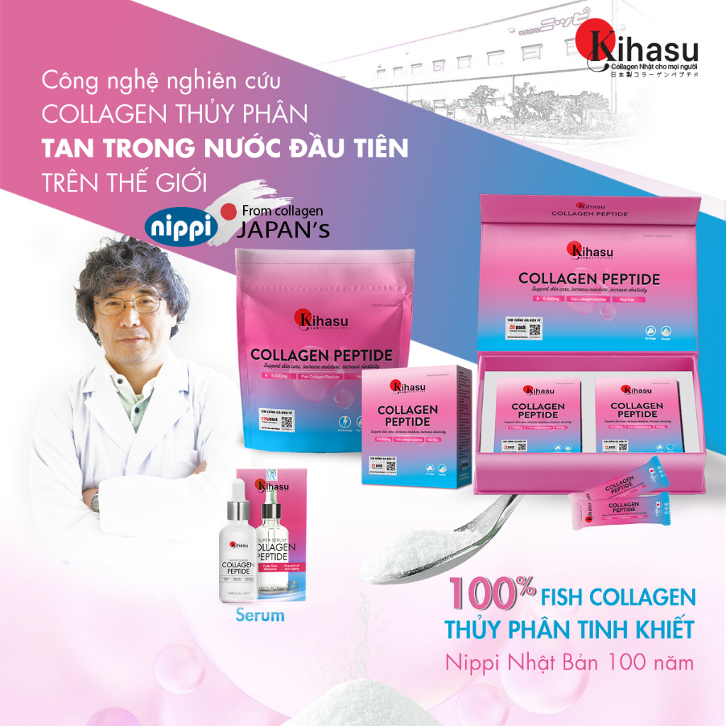 Bột collagen peptide kihasu Nippi Nhật Bản 110g: hỗ trợ trẻ hoá, cấp ẩm, tăng sinh collagen: pha nước, cho vào thức ăn