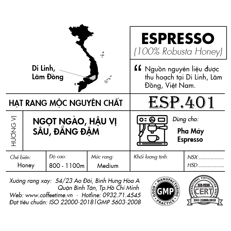 ESP.401 Cà Phê Pha Máy Espresso 100% Robusta Honey - Thơm ngọt ngào mật ong, hậu vị sâu, đắng đậm