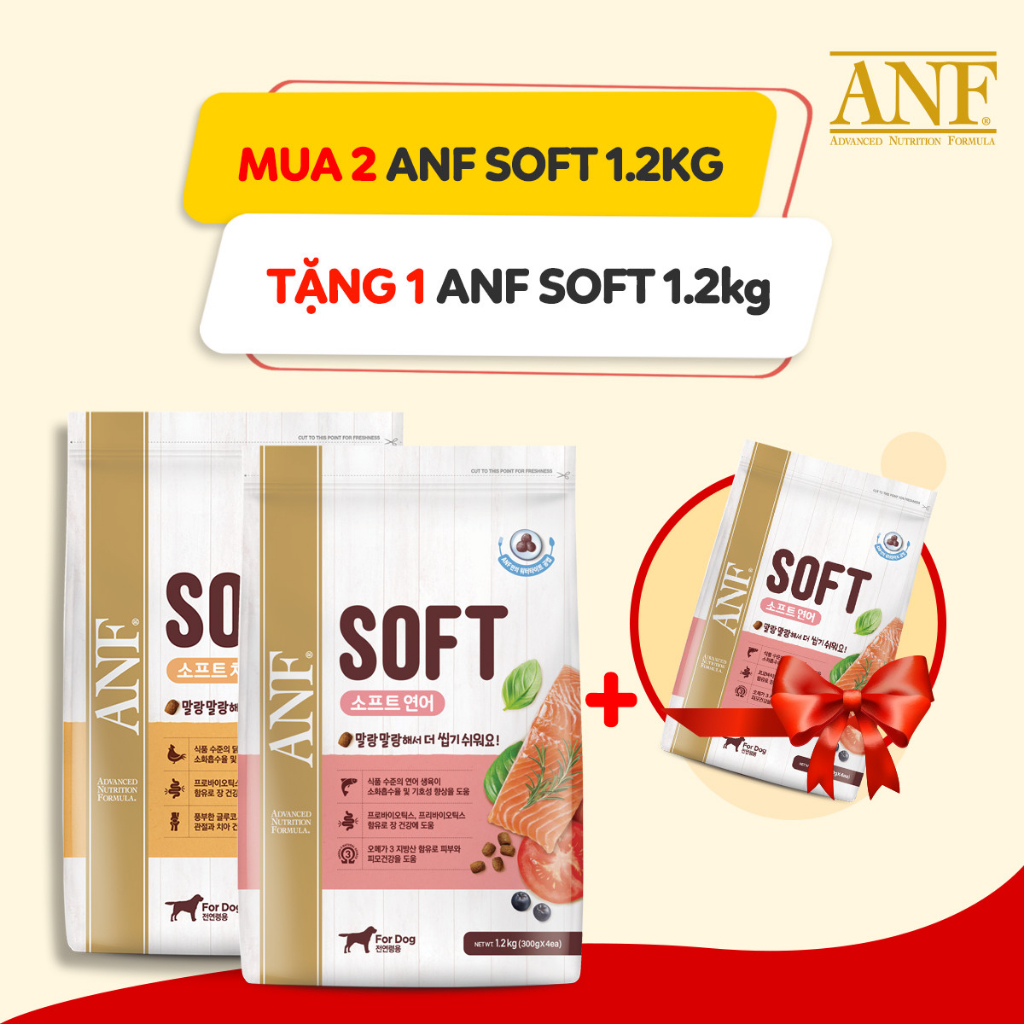 (Mua 2 tặng 1) Thức ăn hạt mềm cho chó mọi lứa tuổi ANF SOFT 1.2kg vị cá hồi/ gà