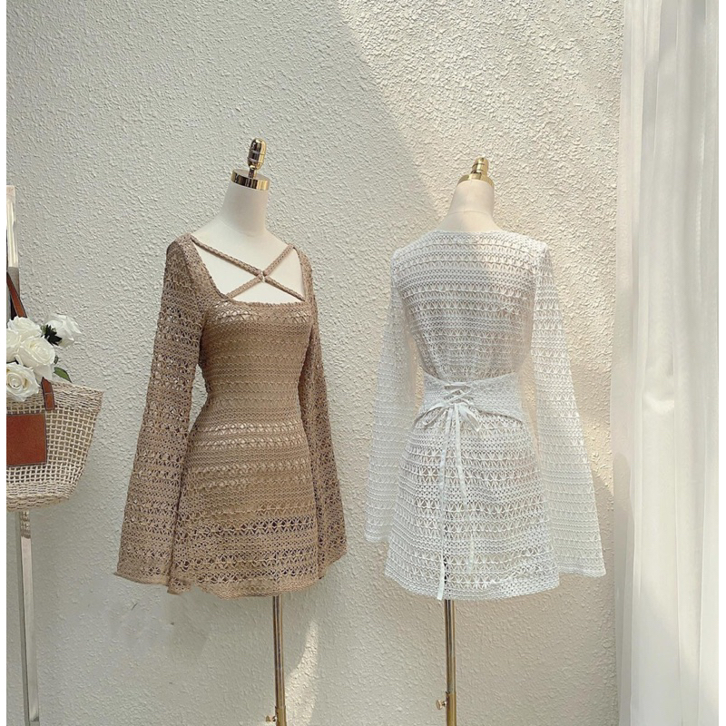 Đầm ren đi biển tay dài loe cổ x sang trọng VIENS STORE