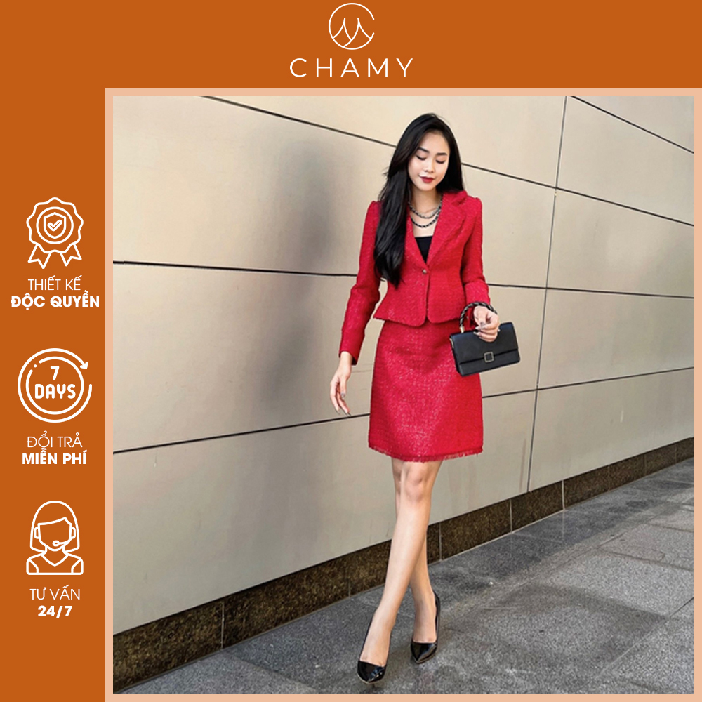 Set áo vest + chân váy Varis kiểu dáng quyến rũ và cổ điển, chất vải tweed ánh kim cao cấp thiết kế CHAMY