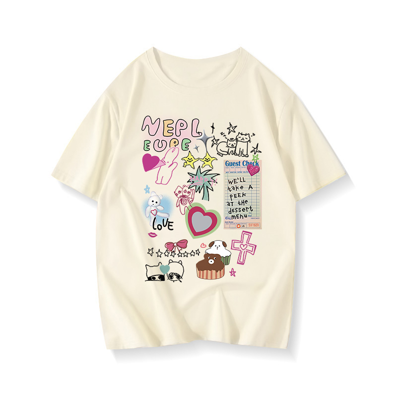 SALMO áo thun nữ quả mơ form rộng cổ tròn áo phông mùa hè unisex tee 100%Cotton