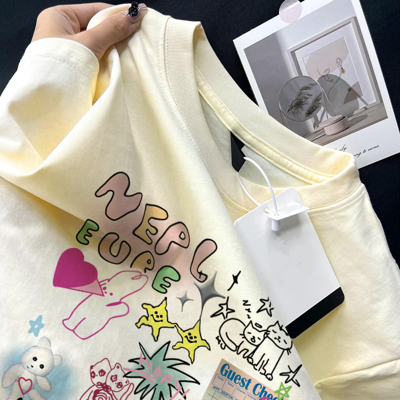 SALMO áo thun nữ quả mơ form rộng cổ tròn áo phông mùa hè unisex tee 100%Cotton