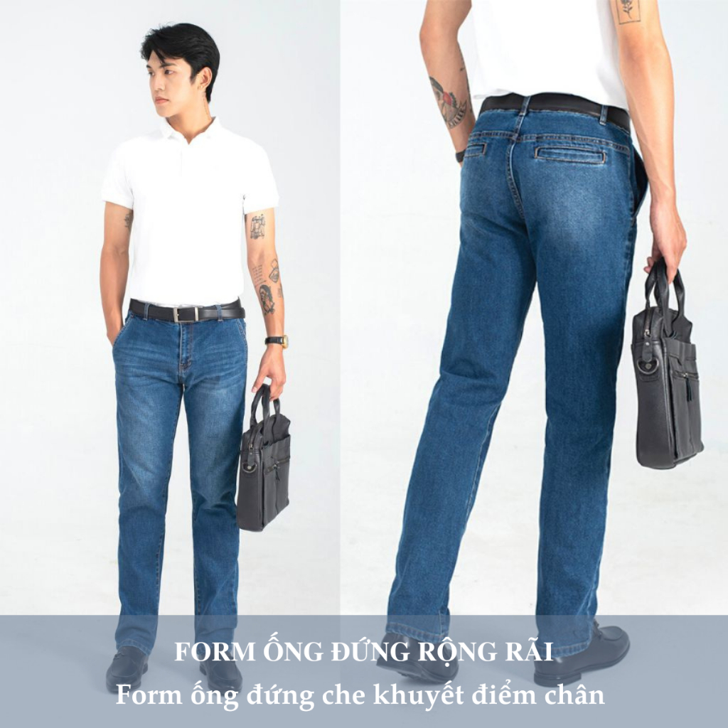 Quần Jean Nam H90 Ống Đứng Túi Chéo Chất Bò Co Giãn Dáng Rộng Thoải Mái Không Bai Gião TRJ004