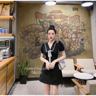 Đầm cổ bẻ dáng ngắn phối viền ren siêu xinh