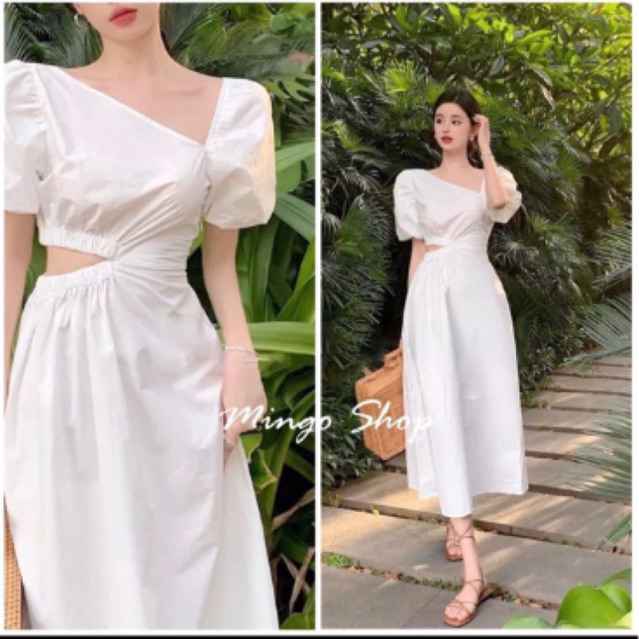 ĐẦM MIDI KHOÉT 1 BÊN EO TAY PHỒNG