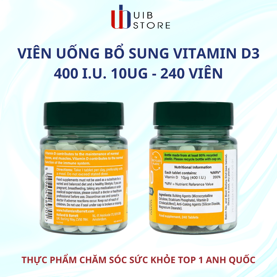(Date 01/05/2024) V. iên uố.ng Vitamin D3 Holland&Barrett 400 I.U. 10ug - 240 viên