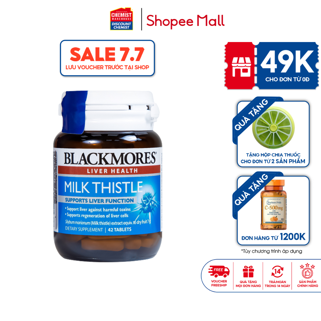 Viên uống bổ gan Blackmores Milk Thistle hỗ trợ bảo vệ và phục hồi gan 42 viên của Úc