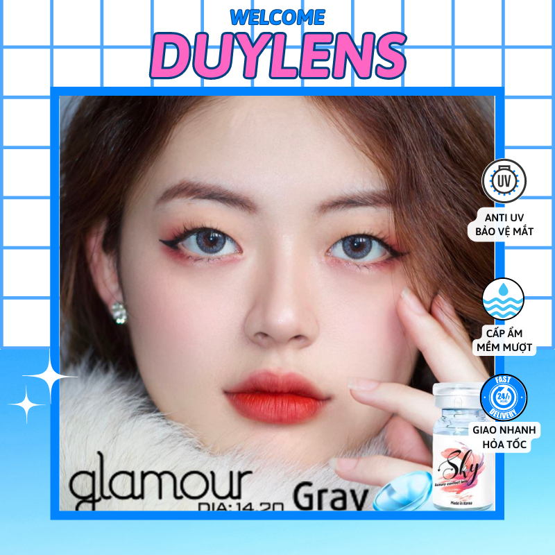 Kính áp tròng cận GLAMOUR GRAY - Lens cận nâu vân nhũ giãn nhỏ 14mm cho mắt thở
