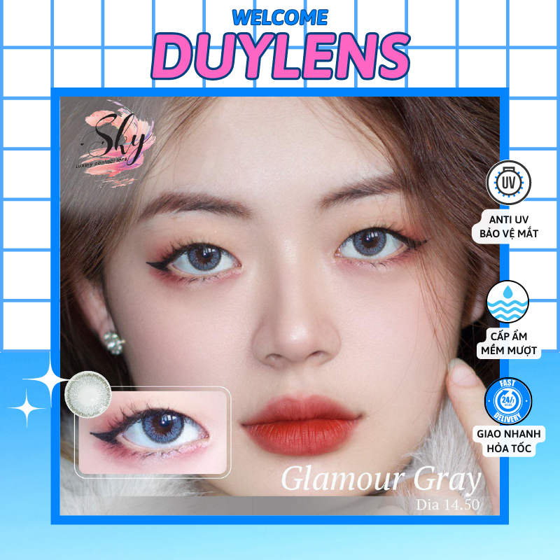 Kính áp tròng cận GLAMOUR GRAY - Lens cận nâu vân nhũ giãn nhỏ 14mm cho mắt thở