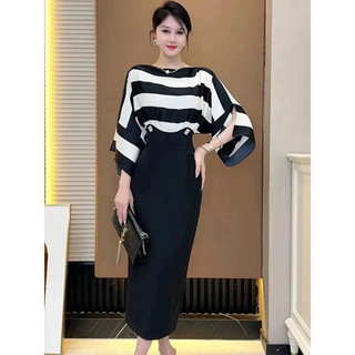 Đầm lụa sọc tay cánh dơi phối thun. Nhập QC