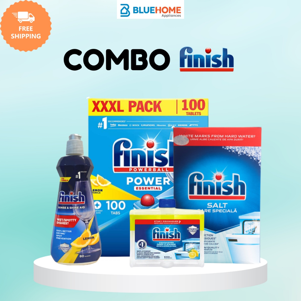 Combo Finish: Viên rửa bát Essential 100 viên + Muối 1.5kg + Bóng 400ml + Dung dịch vệ sinh 250ml