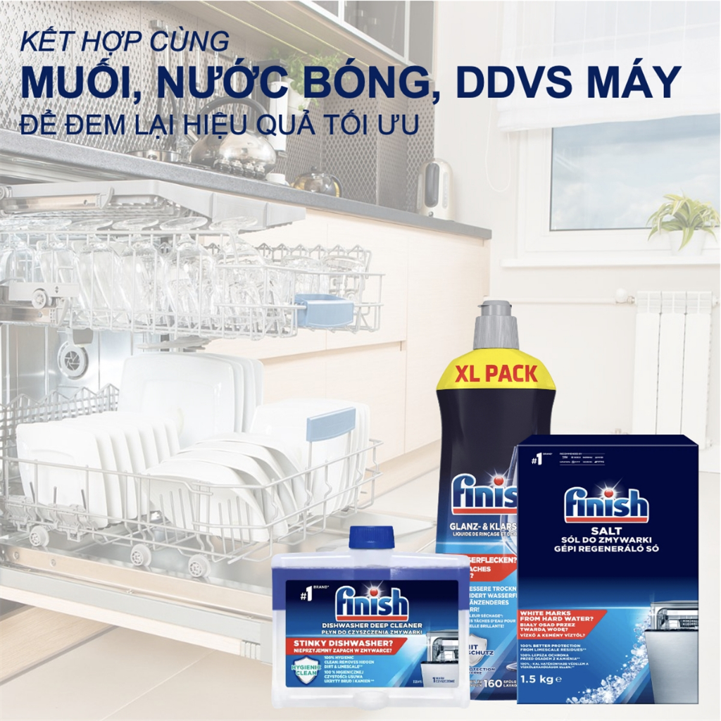 Combo Finish: Viên rửa bát Essential 100 viên + Muối 1.5kg + Bóng 400ml + Dung dịch vệ sinh 250ml