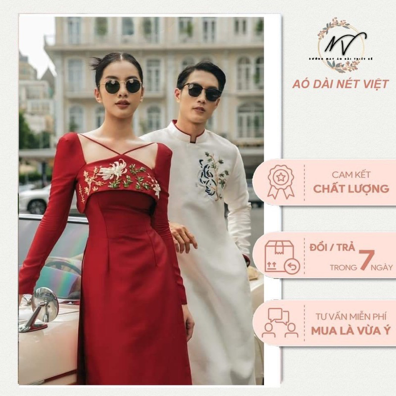 Áo dài cặp đôi nam nữ chất liệu tafta hoạ tiết thêu và kết ruy băng siêu đẹp diện tiệc cưới tết siêu xinh, Ad Nét Việt