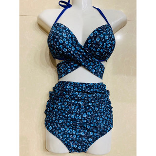 Bikini bigsize áo gọng nâng ngực Đan dây mix quần nhún lưng cao trên 75 kg