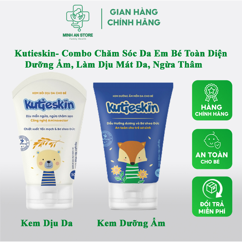 KUTIESKIN- Combo kem chăm sóc da em bé toàn diện (Dưỡng Ẩm / Làm Mềm, Dịu Mát Da / Mẩn Ngứa, Hăm/ Rôm Sảy) (Tuýp 30g)