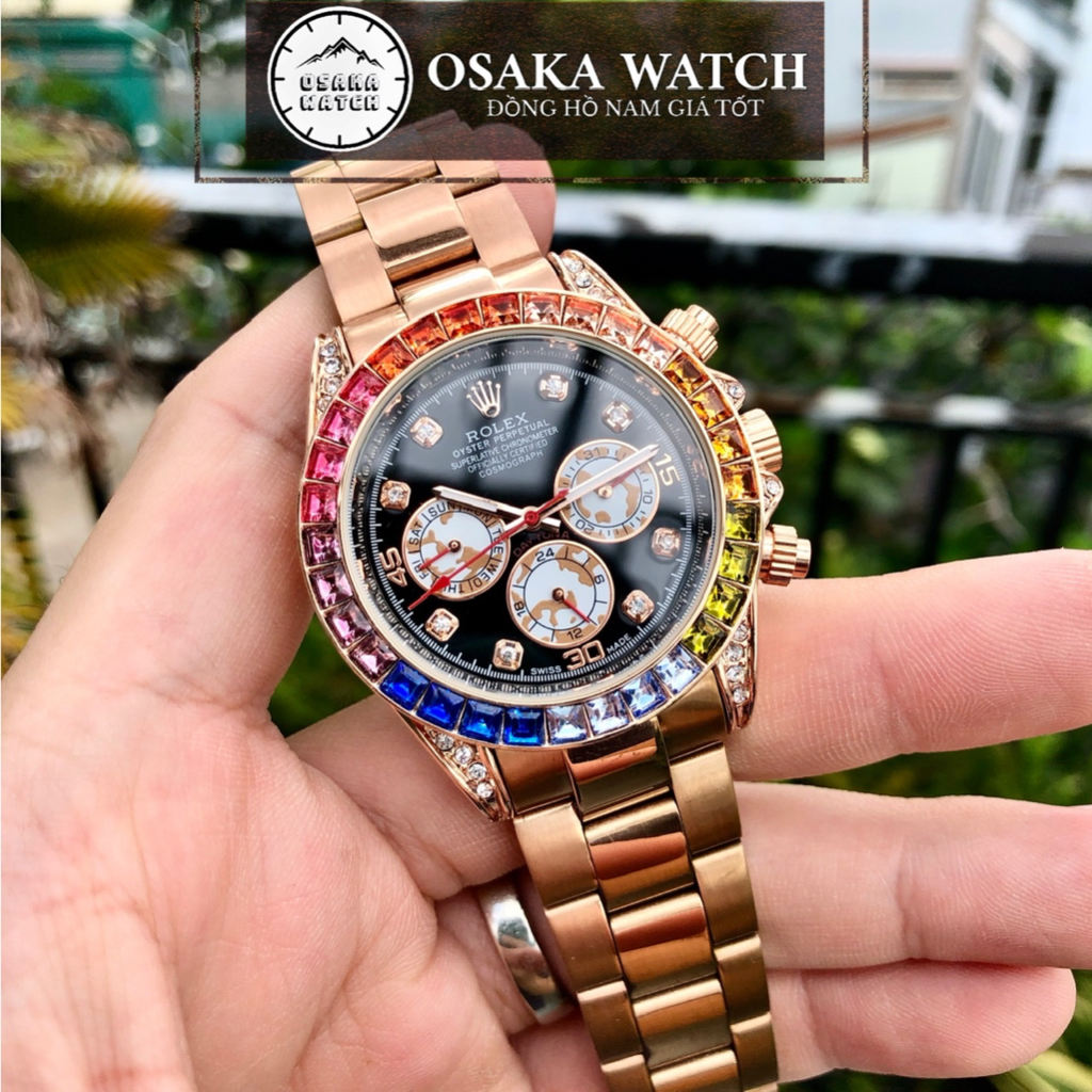 Đồng Hồ Cơ Nam Rolex Rainbow Daytona R065DB Viền Đá 7 Màu Dây Kim Loại Đúc Hoạt Động Full Kim Cao Cấp