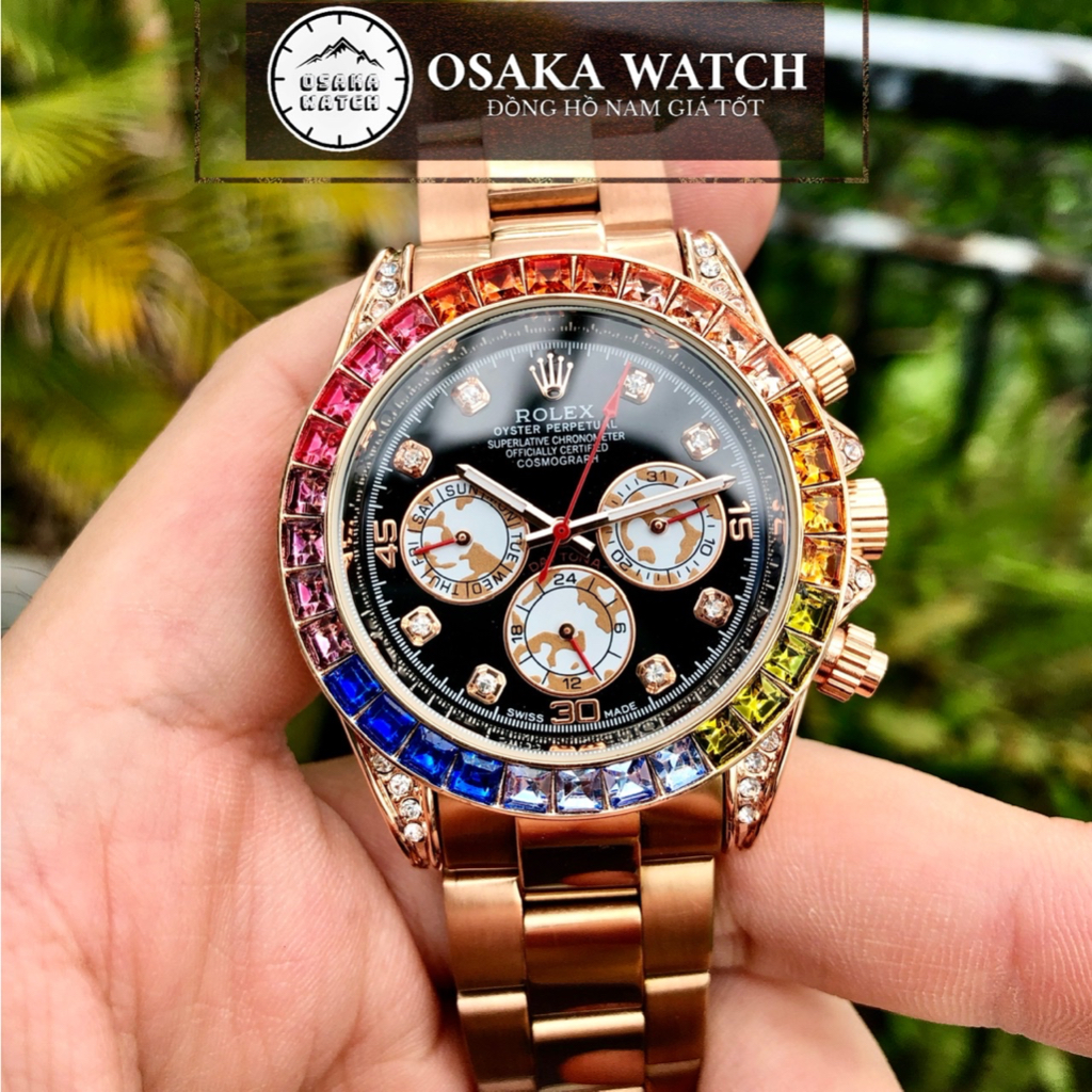 Đồng Hồ Cơ Nam Rolex Rainbow Daytona R065DB Viền Đá 7 Màu Dây Kim Loại Đúc Hoạt Động Full Kim Cao Cấp