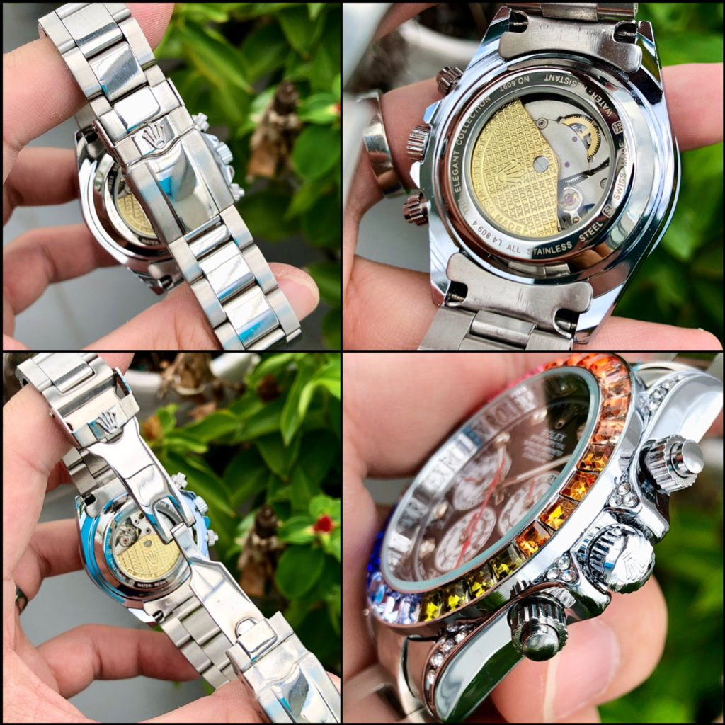 Đồng Hồ Cơ Nam Rolex Rainbow Daytona R065DB Viền Đá 7 Màu Dây Kim Loại Đúc Hoạt Động Full Kim Cao Cấp