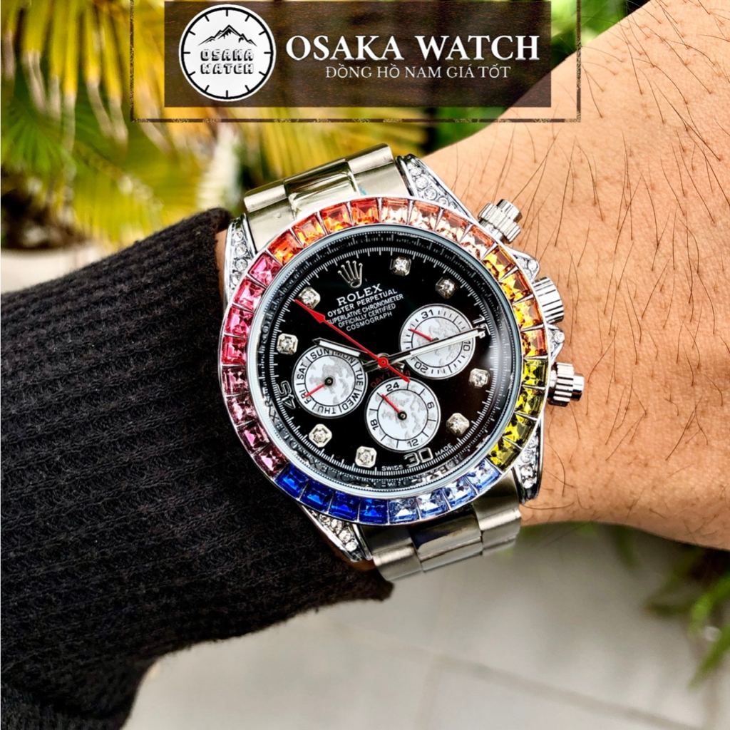 Đồng Hồ Cơ Nam Rolex Rainbow Daytona R065DB Viền Đá 7 Màu Dây Kim Loại Đúc Hoạt Động Full Kim Cao Cấp