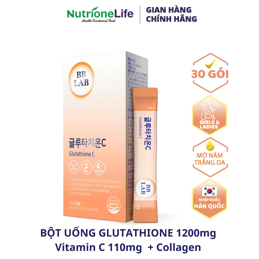 Bột uống BB LAB Glutathione 1200mg và Vitamin C 110mg làm trắng da, mờ nám, giảm thâm mụn 30 gói