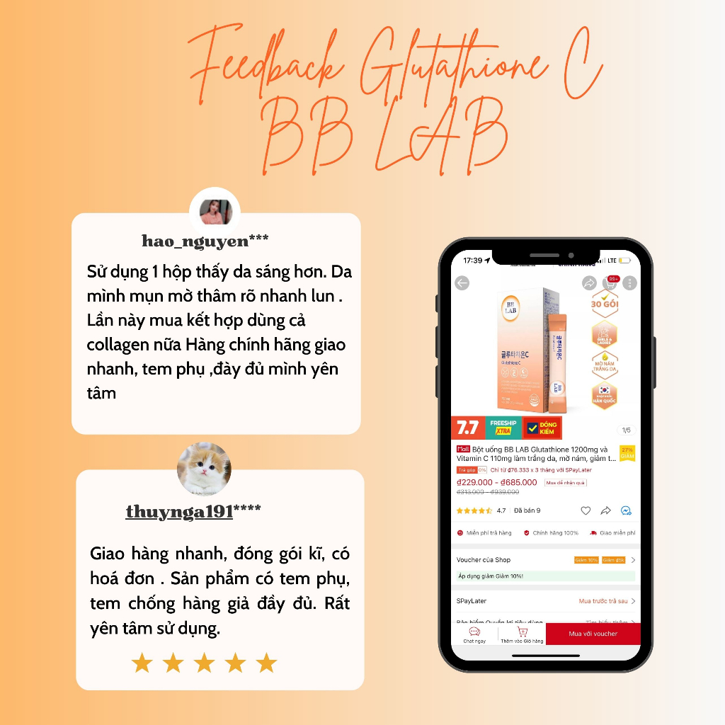 Bột uống BB LAB Glutathione 1200mg và Vitamin C 110mg làm trắng da, mờ nám, giảm thâm mụn 30 gói