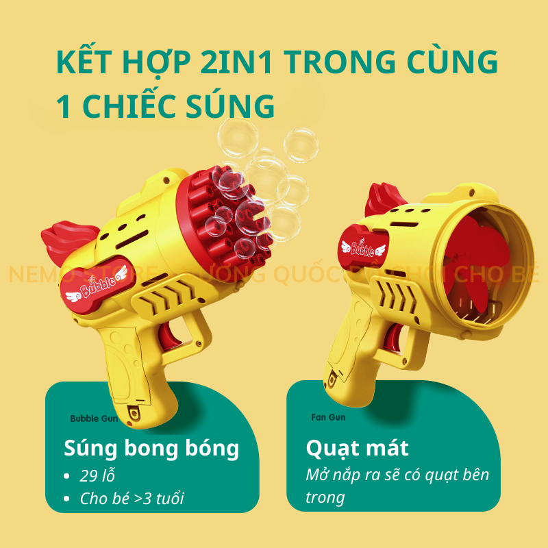 Súng bắn bong bóng xà phòng có đèn led NEMO STORE, súng đồ chơi cho bé bằng nhựa ABS an toàn