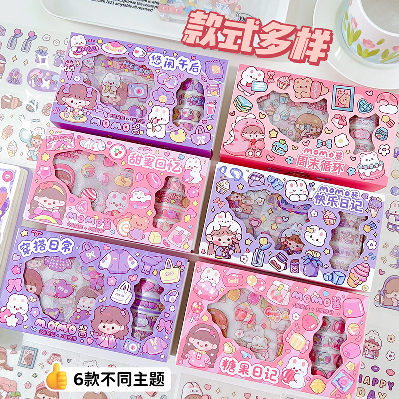 Combo 5 Cuộn Băng Keo Washi Tape Mini 9 Tấm Sticker Hình Dán DIY Trang Trí Bullet Journal Nhật Ký Sổ Lưu Niệm Y013