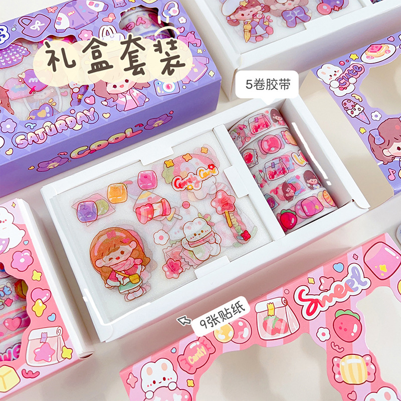 Combo 5 Cuộn Băng Keo Washi Tape Mini 9 Tấm Sticker Hình Dán DIY Trang Trí Bullet Journal Nhật Ký Sổ Lưu Niệm Y013