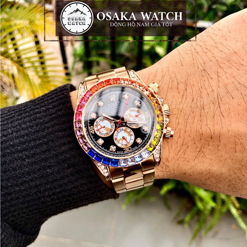 Đồng Hồ Cơ Nam Rolex Rainbow Daytona R065DB Viền Đá 7 Màu Dây Kim Loại Đúc Hoạt Động Full Kim Cao Cấp