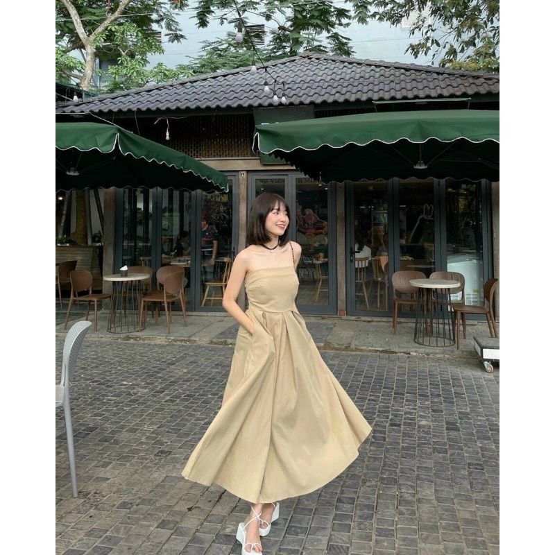 đầm maxi cup ngực xếp li dáng xoè