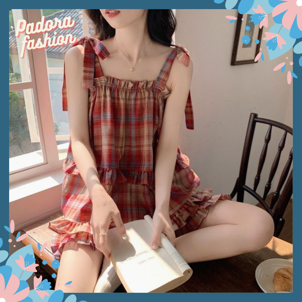 Set Đồ Bộ 2 Dây Kẻ Caro Babydoll Padora-B790