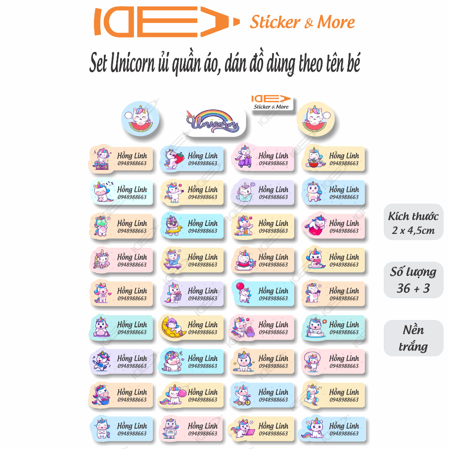 Bộ 36  sticker UNICORN ủi áo, dán bình sữa, đồ dùng học tập - In theo tên bé