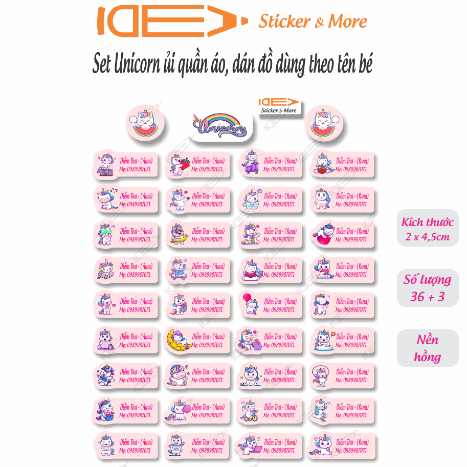 Bộ 36 (+3) sticker UNICORN ủi áo, dán bình sữa, đồ dùng học tập - In theo tên bé