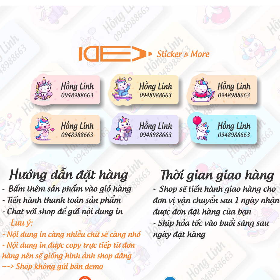 Bộ 36  sticker UNICORN ủi áo, dán bình sữa, đồ dùng học tập - In theo tên bé